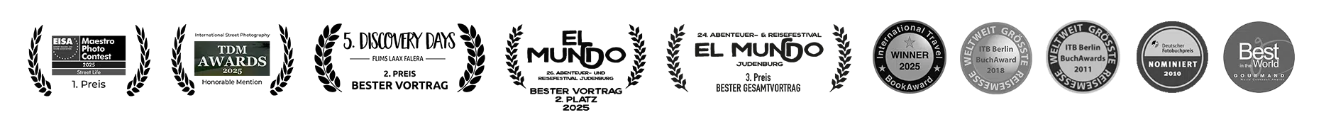 Auszeichnungen, Preise, Awards u.a. Discovery Days, El-Mundo Festival, EISA Maestro Photo Contest, TDM Awards, International Travel Book Award, ITB BuchAwards, Deutscher Fotobuchpreis für die Arbeiten von Lutz Jäkel