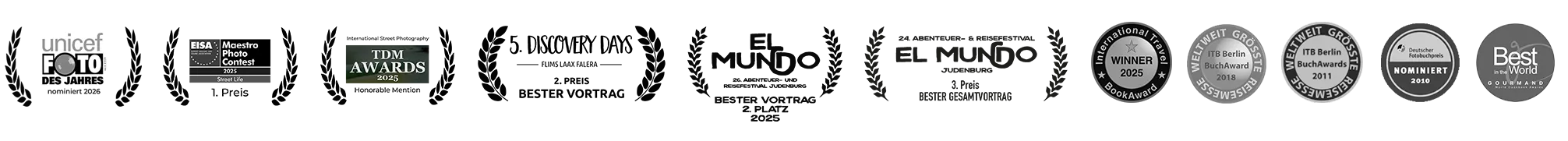 Auszeichnungen, Preise, Awards u.a. Discovery Days, El-Mundo Festival, EISA Maestro Photo Contest, TDM Awards, International Travel Book Award, ITB BuchAwards, Deutscher Fotobuchpreis für die Arbeiten von Lutz Jäkel